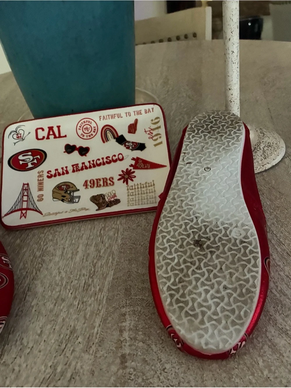 Red Metallic Slip-On Flats with Team Logo Pattern